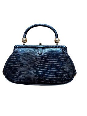 Vintage Meyers Black Faux Crocodile Handbag & Kirk Stieff Silver Compact Mirror